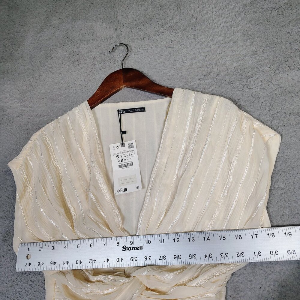 Zara Crop Top Women's Small Cream Striped Shimmer Knotted Hem Blouse Boho NWT - Picture 9 of 11